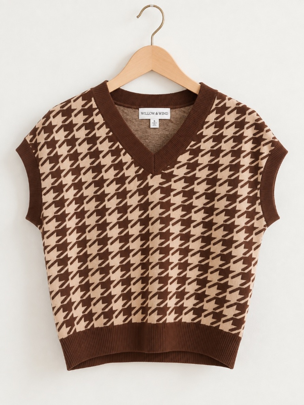 Willow & Wind Brown Houndstooth Sweater Vest V Neck XS